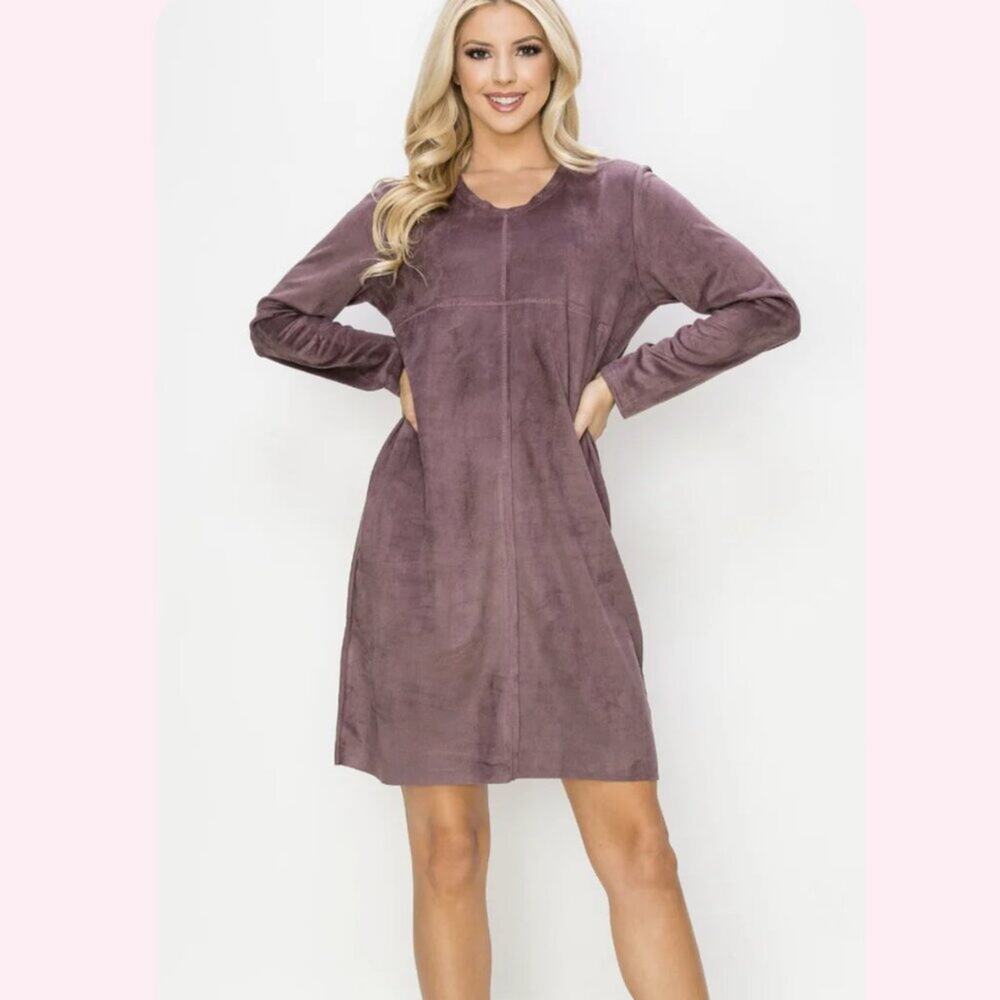 Joh Faux Suede Plum Purple Aurora Long-Sleeved Short Mini Dress Pockets medium